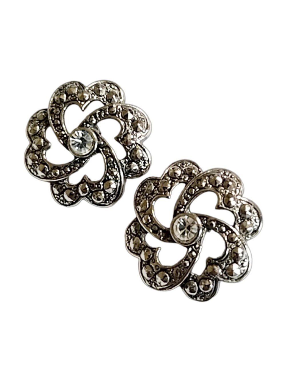 Silver Tone Heart Swirl Rhinestone Pierced Earrings 1" NWOT